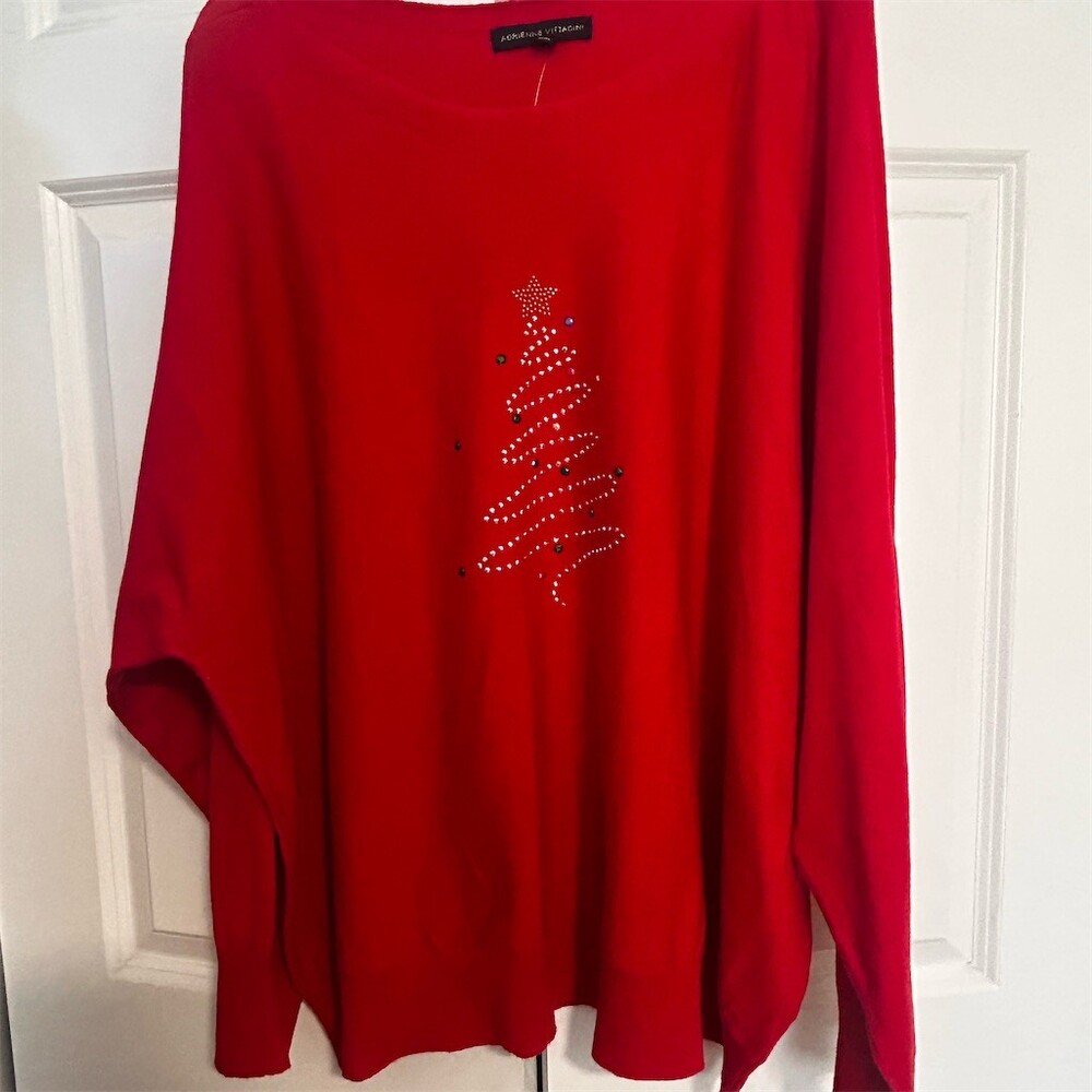 Adrienne Vittadini Sweater Womens 3XL Red Dolman Pullover Rhinestone Tree